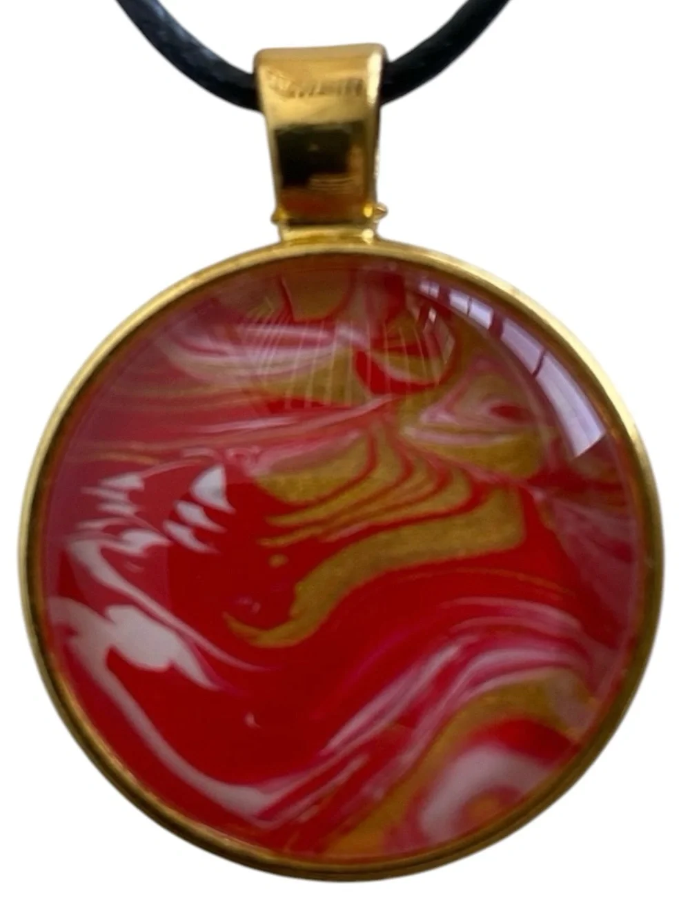 Hand Crafted Red and Gold Fluid Art Pendant Necklace by Svetlana Yeung